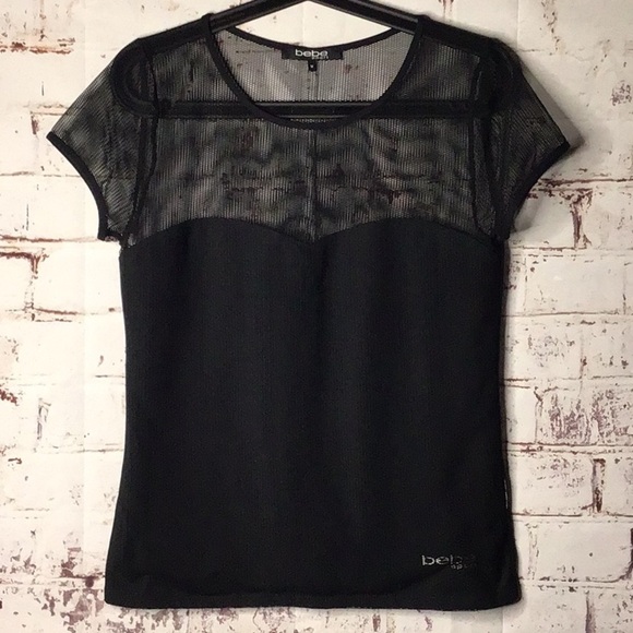 ✨Bebe Black Sheer Mesh Panel Top Woman's Size Medium - Picture 2 of 7